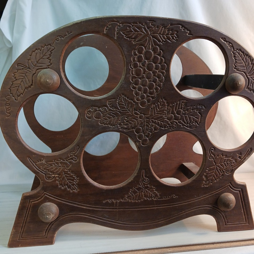 Vintage Carved Wood Wine Bottle Rack Holder Display Holds 6 Grapes Grapevine 80s
